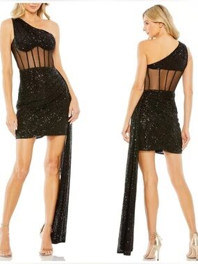 Mac Duggal Black Sequin Draped Mini with Sheer Corset Bodice